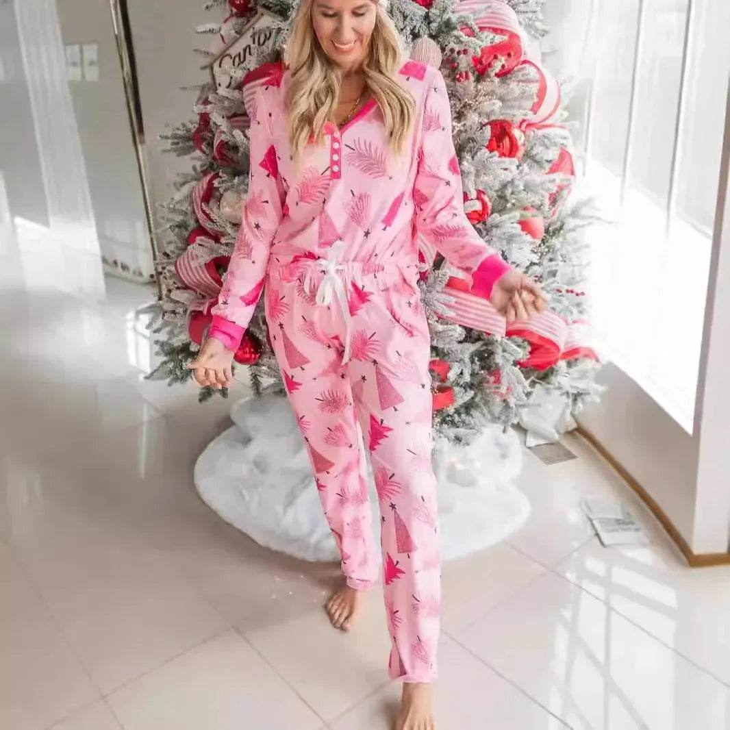 Christmas Pajamas Suit Christmas Tree Printed Long Sleeve Button Two-piece Set - www.Shopthatapp.com