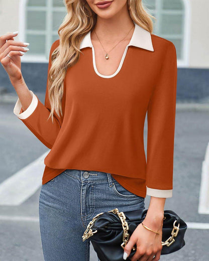 Casual Color Matching Lapel Long Sleeve Blouse Top Women - www.Shopthatapp.com