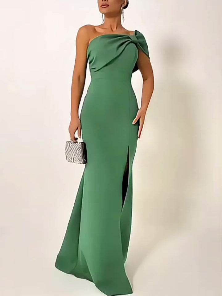 Bow tie One shoulder Green Evening Dress Slit Formal dress