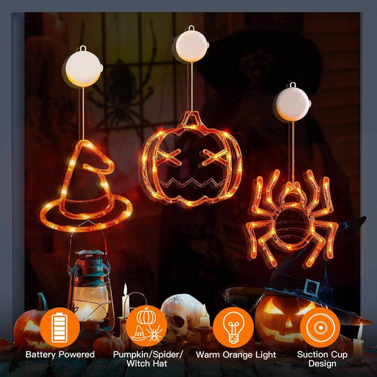 Set Of 3 Pack Halloween Window Light Spider Witch Hat Pumpkin With Orange Light Hanging Halloween Decoration Light With Suction Cup Hanging Holes - www.Shopthatapp.com