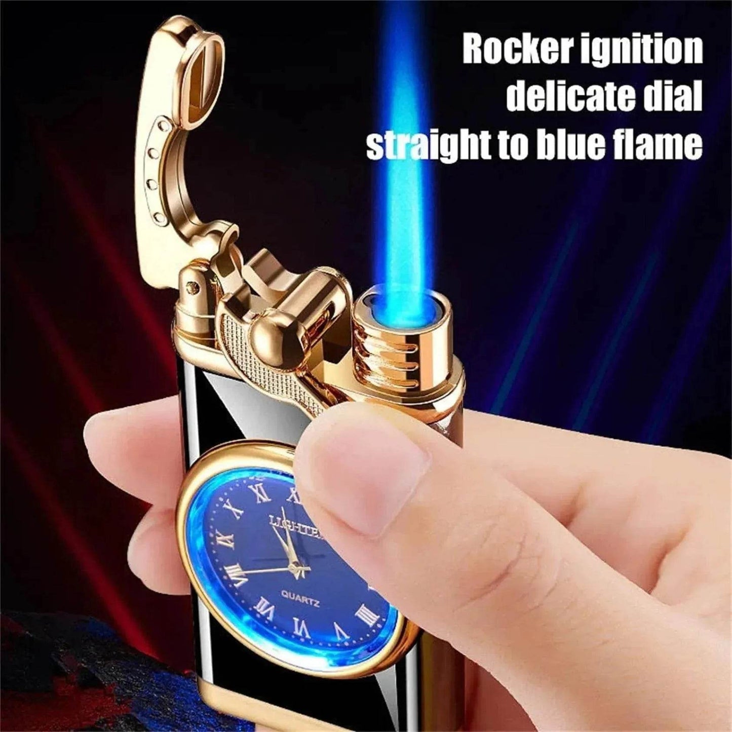 New Lighter With Electric Watch Rocker Arm Automatic Ignition Straight Blue Flame Lighter Creative Real Dial Inflatable Windproof Cigar Lighter Men's Watch Gift - www.Shopthatapp.com