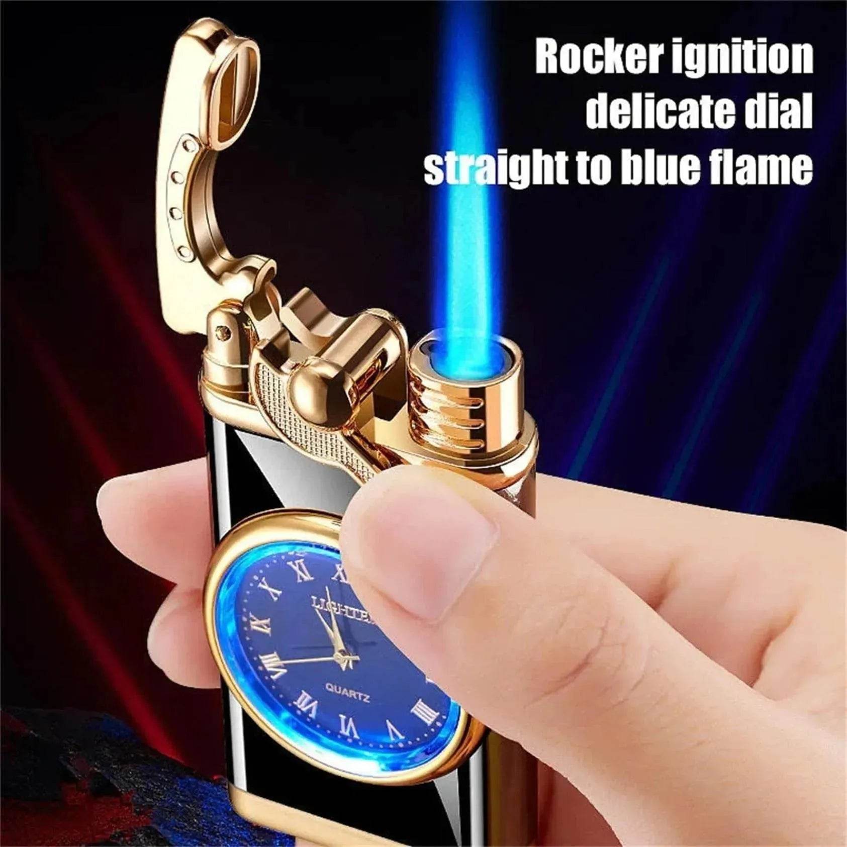 New Lighter With Electric Watch Rocker Arm Automatic Ignition Straight Blue Flame Lighter Creative Real Dial Inflatable Windproof Cigar Lighter Men's Watch Gift - www.Shopthatapp.com