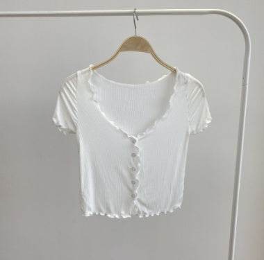Women Summer Short Sleeve Ruffle Buttons Frilly Solid Color  tank Tops - www.Shopthatapp.com