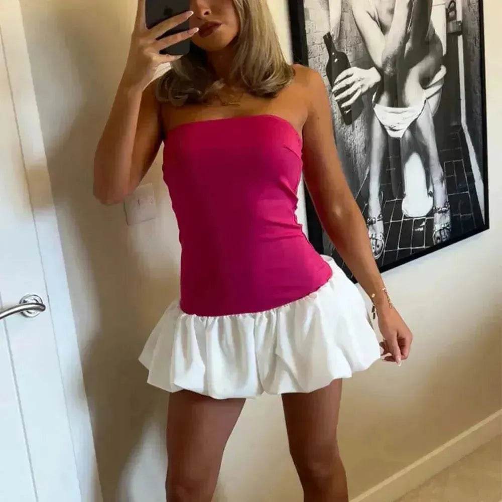 Chic Tube Top Dress Summer Solid Color Pleated Skirt Dress Women Fashion Short Mini Skater Dresses  Evening Party Cocktail Dress for Ladies - www.Shopthatapp.com