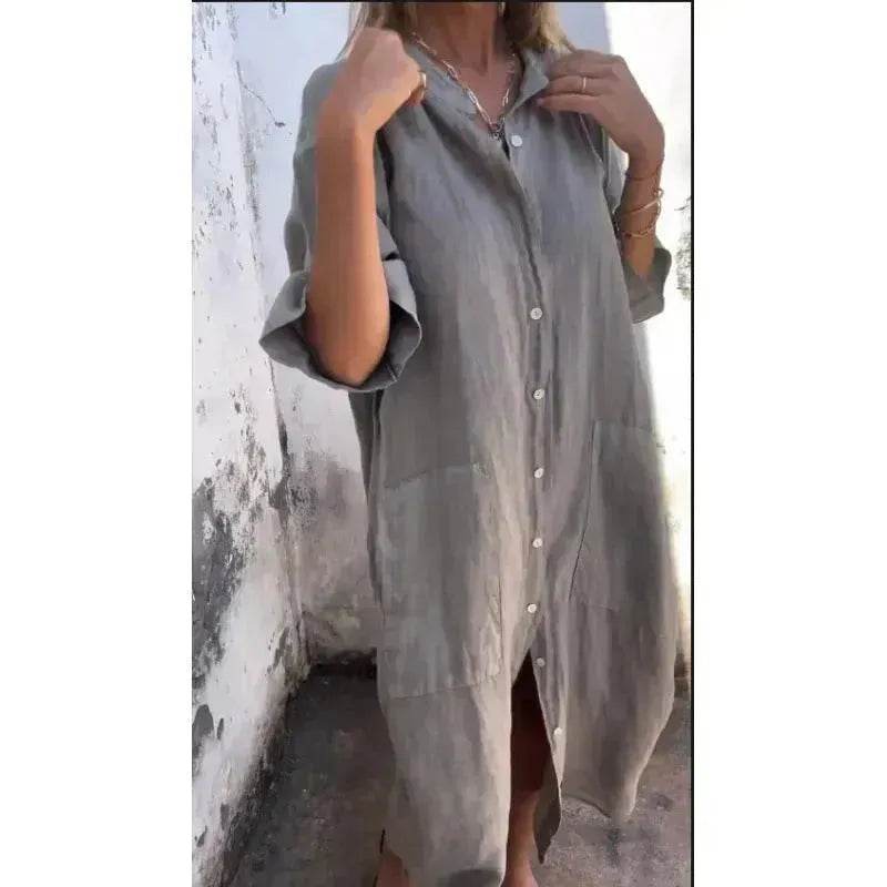 Women Loose Casual Half Sleeve Cotton Linen Buttoned down  Shirt Dress - www.Shopthatapp.com