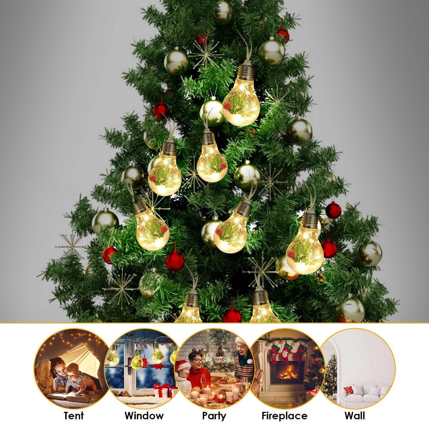 1Pc 13.78FT Christmas Snow Globe String Light Battery Powered 10 LED Bulbs Indoor Christmas Lights With Pine Needles Snowflakes Berries - www.Shopthatapp.com