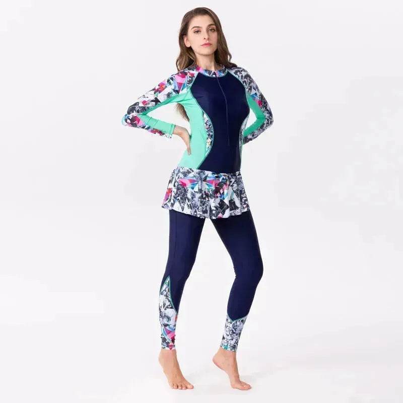 One-Piece Long Sleeve Long Skirt Swimsuit - www.Shopthatapp.com