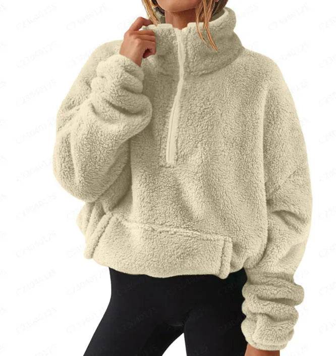European And American Velvet Fleece-lined Women's Half Zipped Stand Collar Sweater - www.Shopthatapp.com