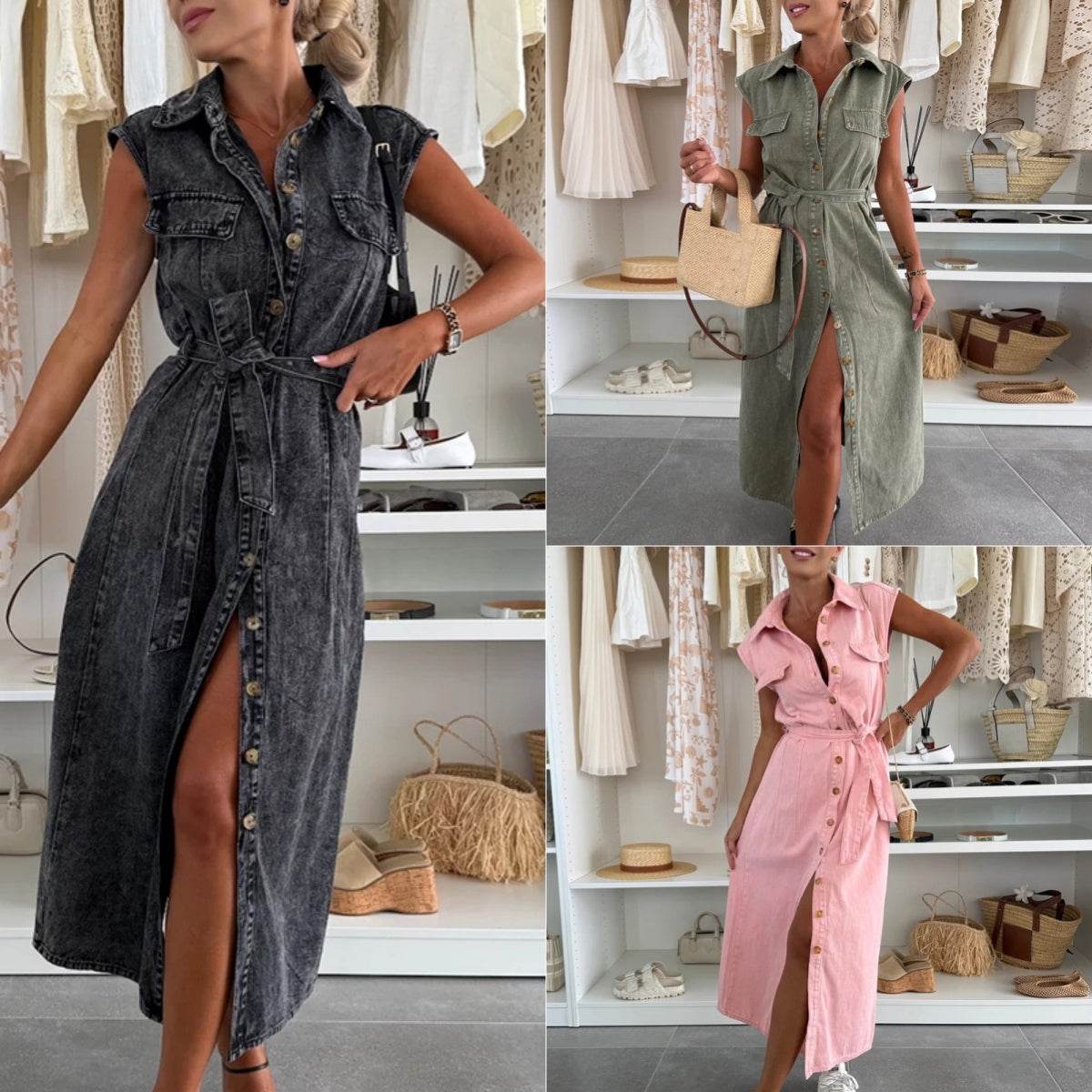 Elegant Lapel Single Breasted Button down Denim Midi Dress Tie belt Split Jeans Dress - www.Shopthatapp.com