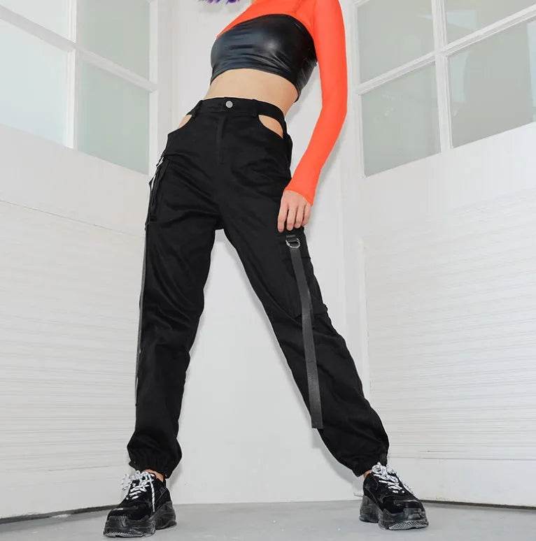 Women Black High Waist Pencil Pants Pockets Patckwork Hollow Out Pants Fashion Women Streetwear Cargo Pants Women Pants - www.Shopthatapp.com