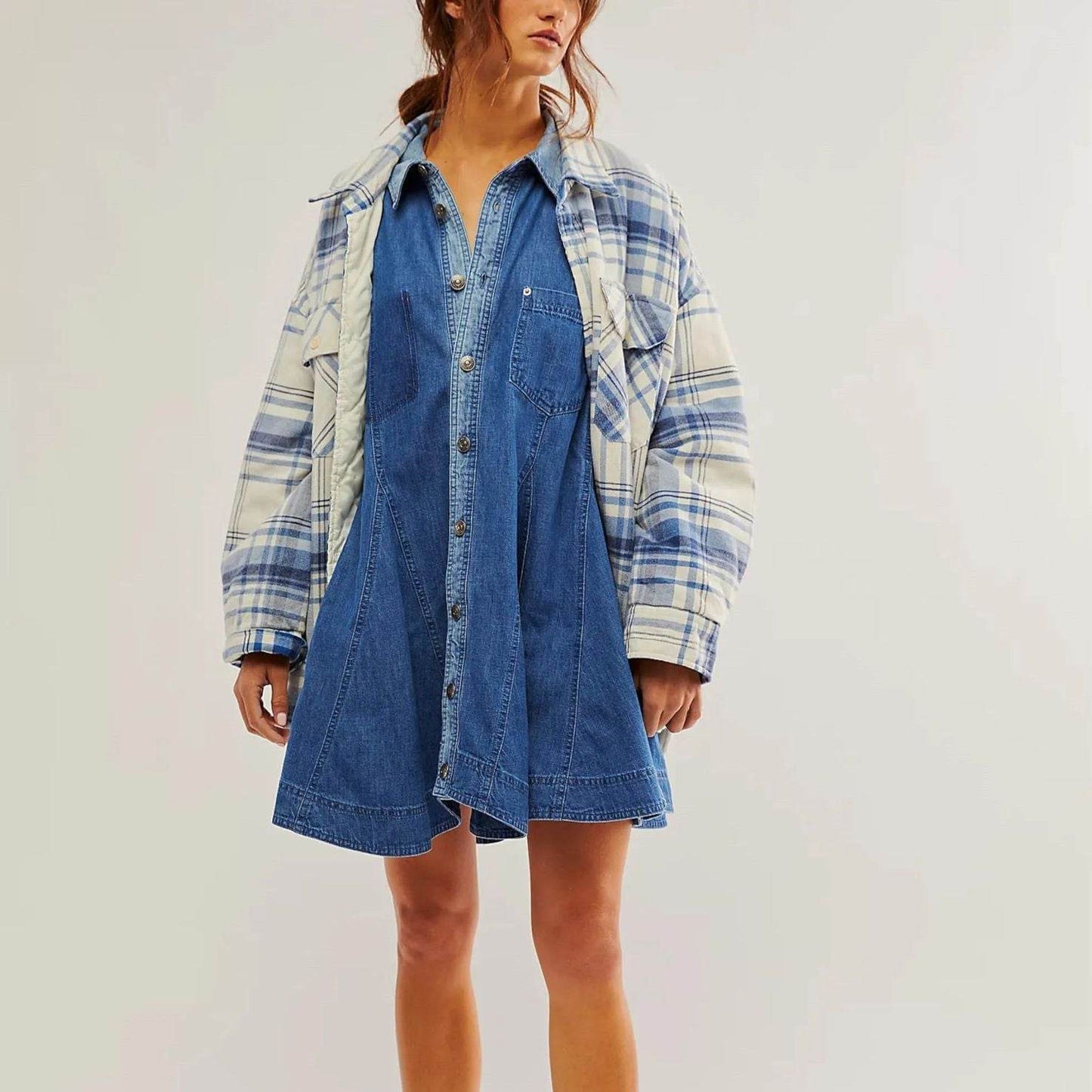 Women's Long Lantern Sleeve Button Denim Dress - www.Shopthatapp.com