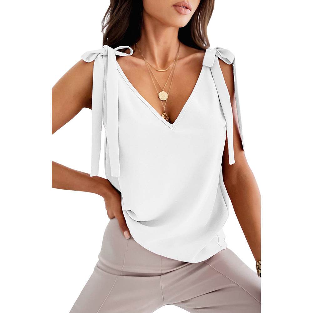 Bowknot Tie Up V-neck top Women Summer Sleeveless Blouse Tops - www.Shopthatapp.com