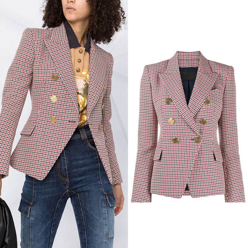 Houndstooth Small Jacket Women Long-Sleeved Double-Breasted Plaid Blazer - www.Shopthatapp.com