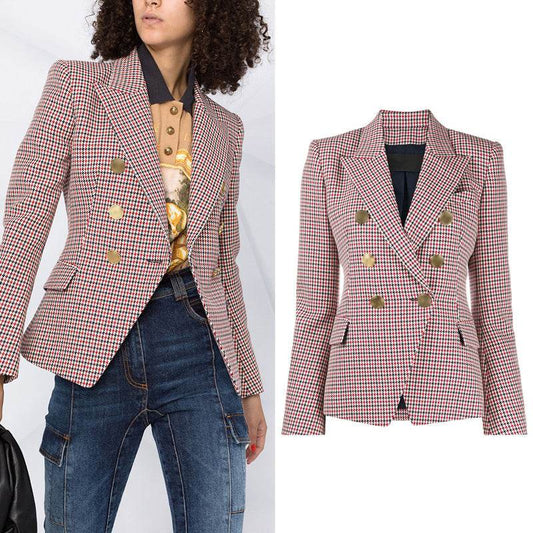 Houndstooth Small Jacket Women Long-Sleeved Double-Breasted Plaid Blazer - www.Shopthatapp.com