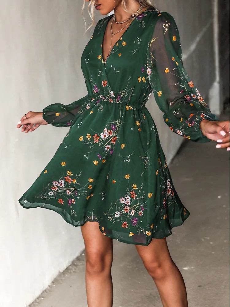 Casual V-neck Summer Spring Long Sleeve Floral mini Chiffon Dress