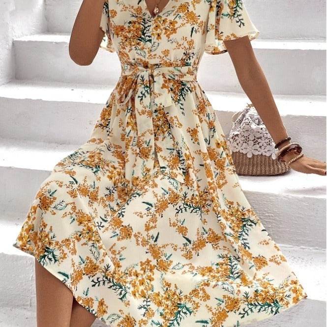 Women Bohemian Spring Short sleeve Casual flowy V-neck Tie belt Floral Summer Midi Dress - www.Shopthatapp.com