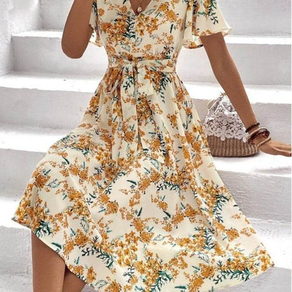 Women Bohemian Spring Short sleeve Casual flowy V-neck Tie belt Floral Summer Midi Dress - www.Shopthatapp.com