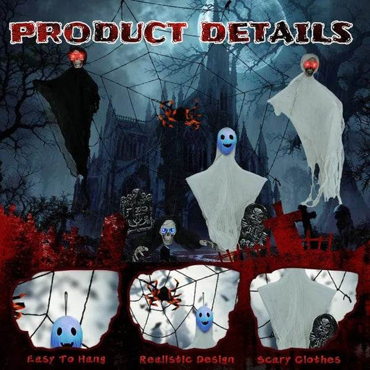 Outdoor Halloween Decorations 8-Piece Set, Hanging Ghosts Decor And Cobweb And Gravestone With Lighted Up Eyes, Scary Swinging Ghost Flying For Yard Patio Lawn Garden - www.Shopthatapp.com