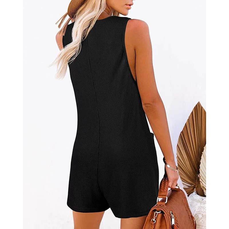Women's Button Front Romper Jumpsuit With Pockets Casual Solid Color Sleeveless Summer Jumpsuit - www.Shopthatapp.com
