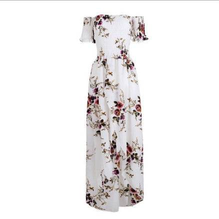 Elegant Ladies Summer Boho Vacation Resort Slit Maxi dress off shoulder Long floral Beach summer slit dress - www.Shopthatapp.com