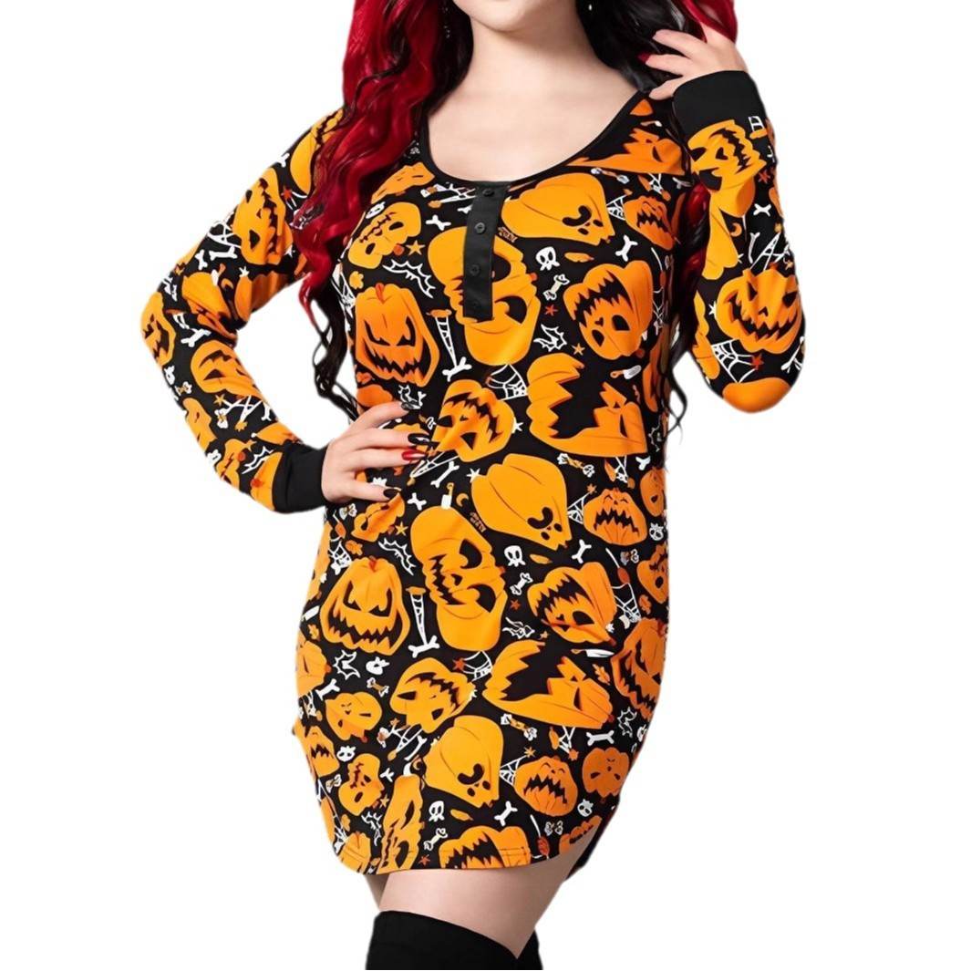 Halloween Printed Round Neck Long Sleeve Plus Size Dress - www.Shopthatapp.com