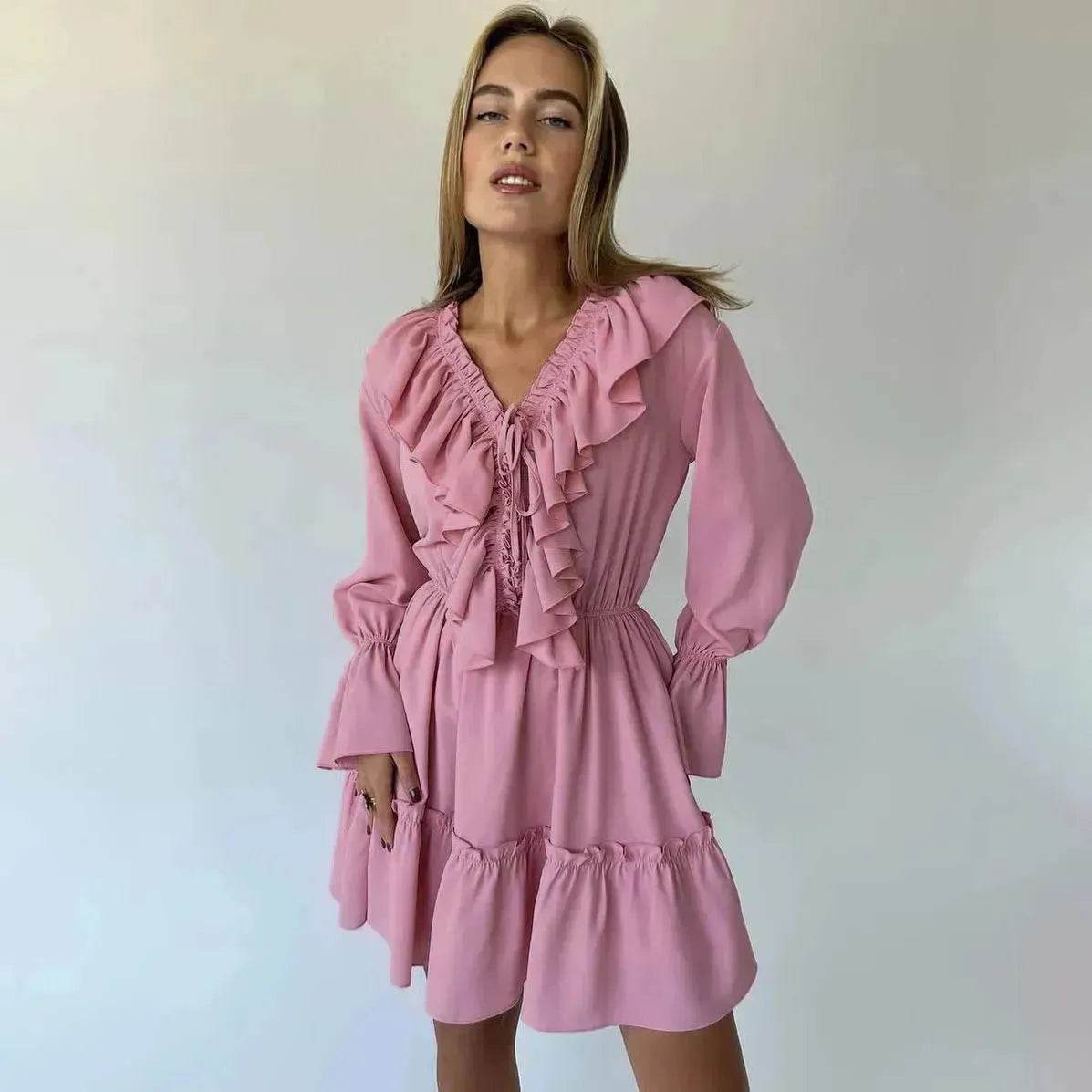 Casual Fashion V Neck Pleated Ruffle Long Sleeve Dress Y2K V Neck Flared Sleeve Short Mini Skater Dress Women's Clothing - www.Shopthatapp.com