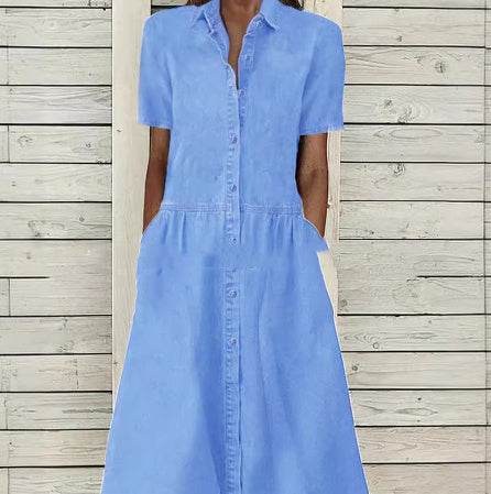 Women's European And American Lapel Casual loose button down Midi Denim jeans Mum Dress - www.Shopthatapp.com