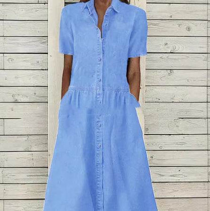 Women's European And American Lapel Casual loose button down Midi Denim jeans Mum Dress - www.Shopthatapp.com