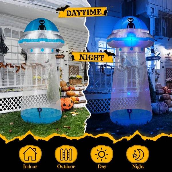8.8 FT Halloween Inflatable UFO Yard Decoration, Fun Tall Blow Up Yard Decor With Built-in LED Lights And Stand Inside Design For Holiday Party Yard Lawn Garden Decor Indoor Outdoor - www.Shopthatapp.com