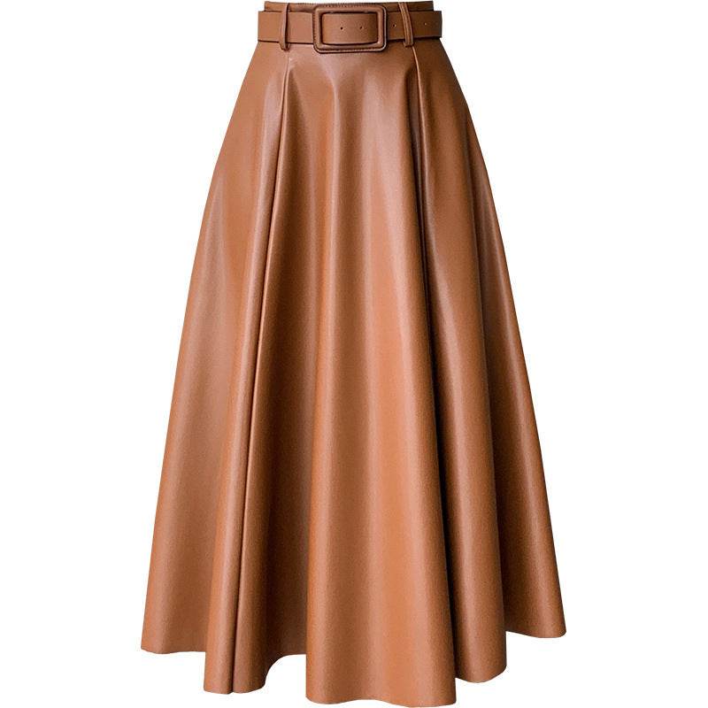 Elegant women High waist Flared Midi PU Leather skirt - www.Shopthatapp.com
