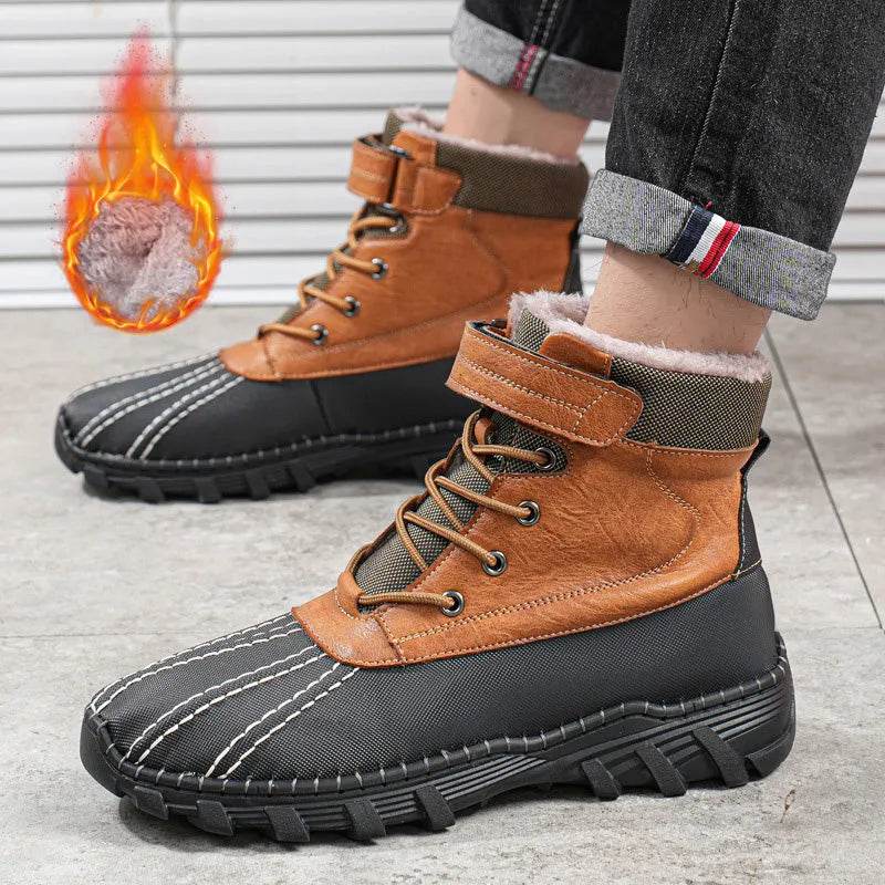 Winter Fleece Lace-up Snow Boots For Men Women Waterproof And Anti-slip Outdoor Work Boot Fashion Warm Mid-tube Cotton Shoes Men - www.Shopthatapp.com