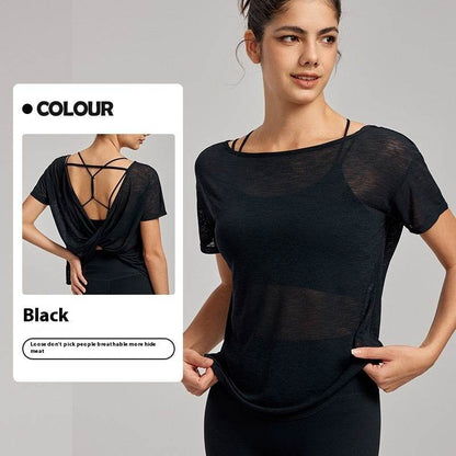 Draping Flab Hiding Yoga Clothes Blouse Sexy Beauty Back Mesh Workout Top - www.Shopthatapp.com