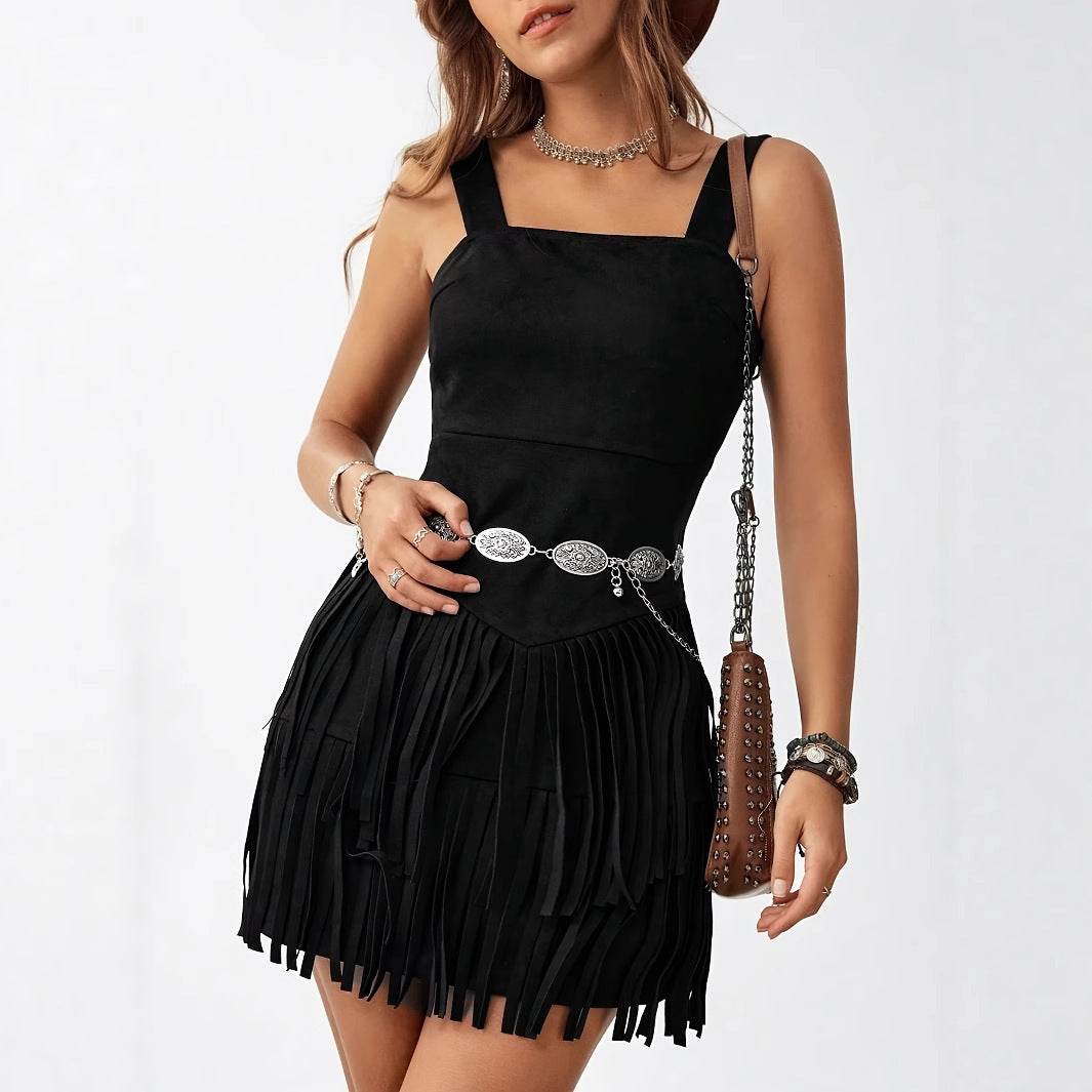 Women's Square Neck Summer Vacation Double-layer Sleeveless Mini Black Tassel Hem Dress - www.Shopthatapp.com