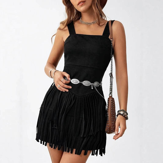 Women's Square Neck Summer Vacation Double-layer Sleeveless Mini Black Tassel Hem Dress - www.Shopthatapp.com