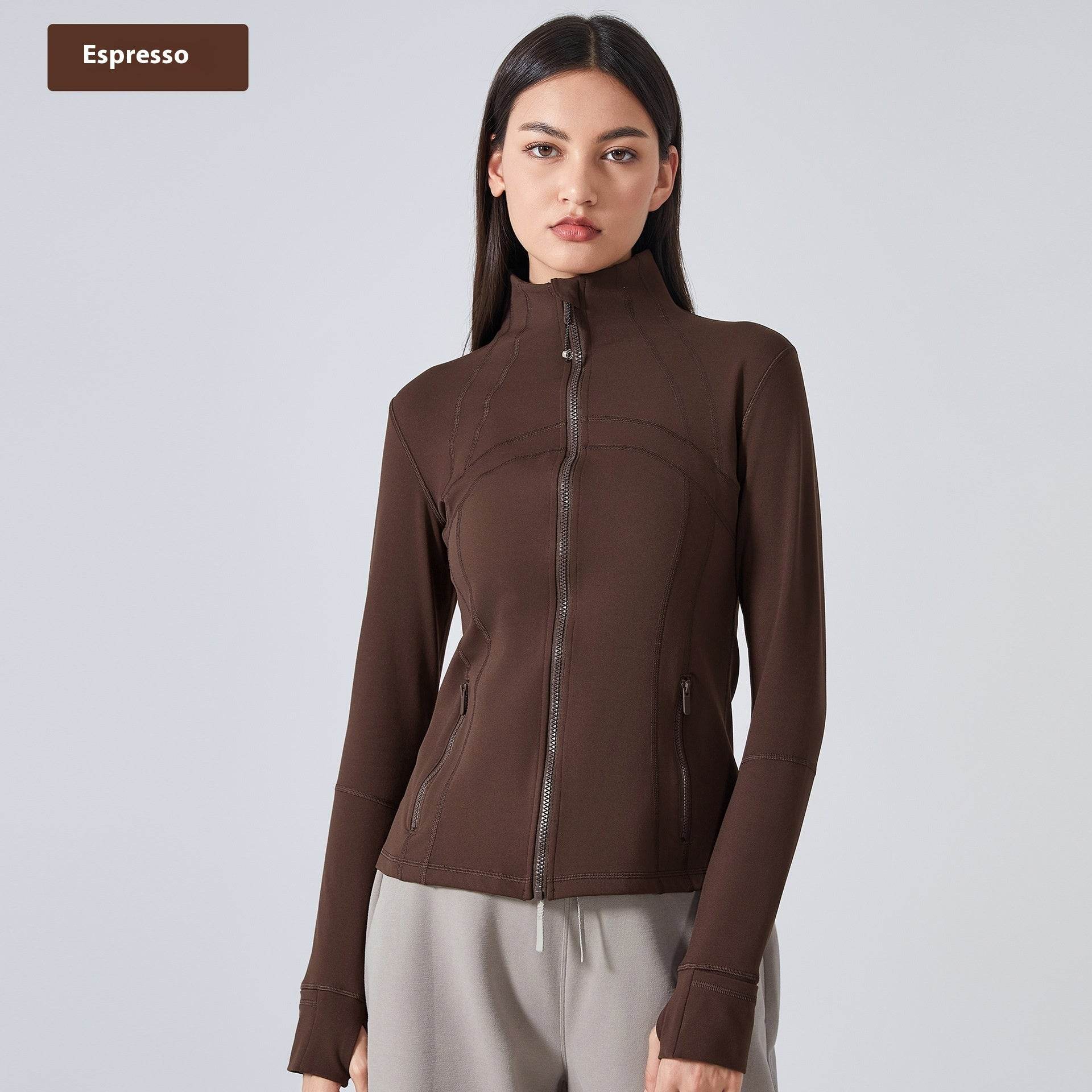 Long Sleeve Workout Tops for Women Halter Neck Zip Up gym top - www.Shopthatapp.com