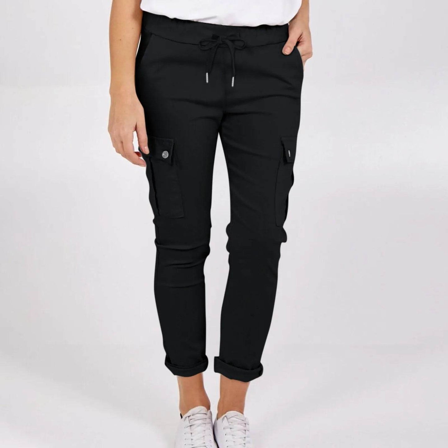 Casual Cargo Pants With Pockets Solid Color Drawstring Waist Pencil Trousers For Women - www.Shopthatapp.com