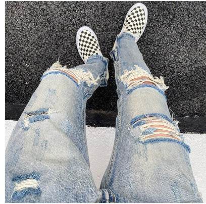 Destroyed ripped Denim jeans Pant men straight leg men - www.Shopthatapp.com