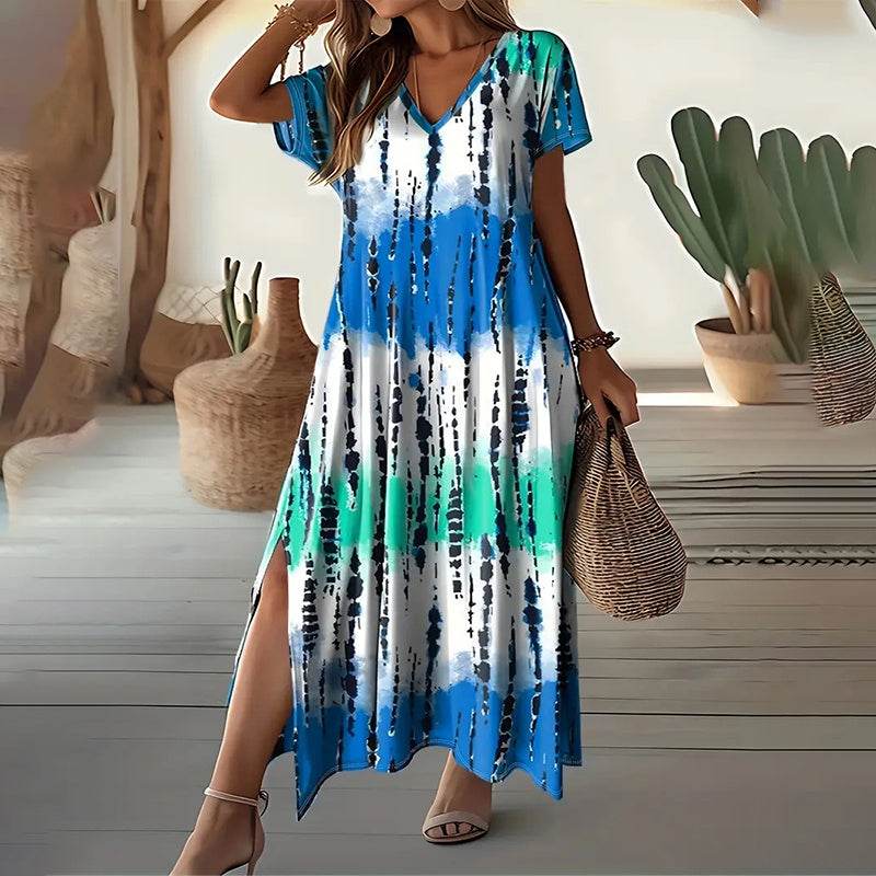 Women's Summer Tie Dye Maxi Dress Short Sleeve V Neck Casual Loose Long Split Dresses - www.Shopthatapp.com