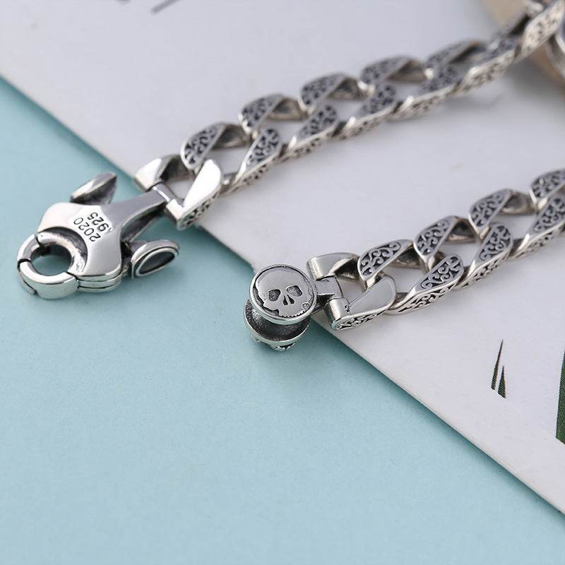 Sterling Silver Ornament Men's Trendy Rotating Skull Retro Fashion Tang Grass Pattern Bracelet - www.Shopthatapp.com