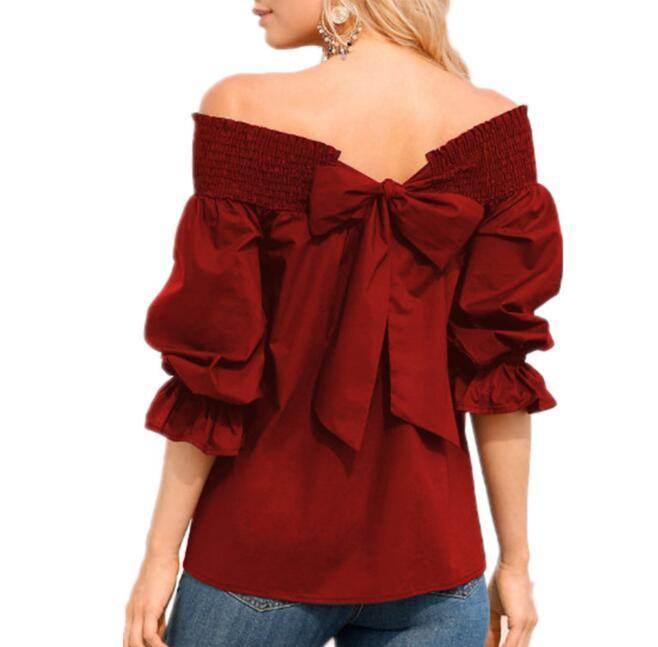 Spring Summer Women Off Shoulder Strapless Blouse top Bowknot Slash Neck Casual Loose Plus Size top - www.Shopthatapp.com