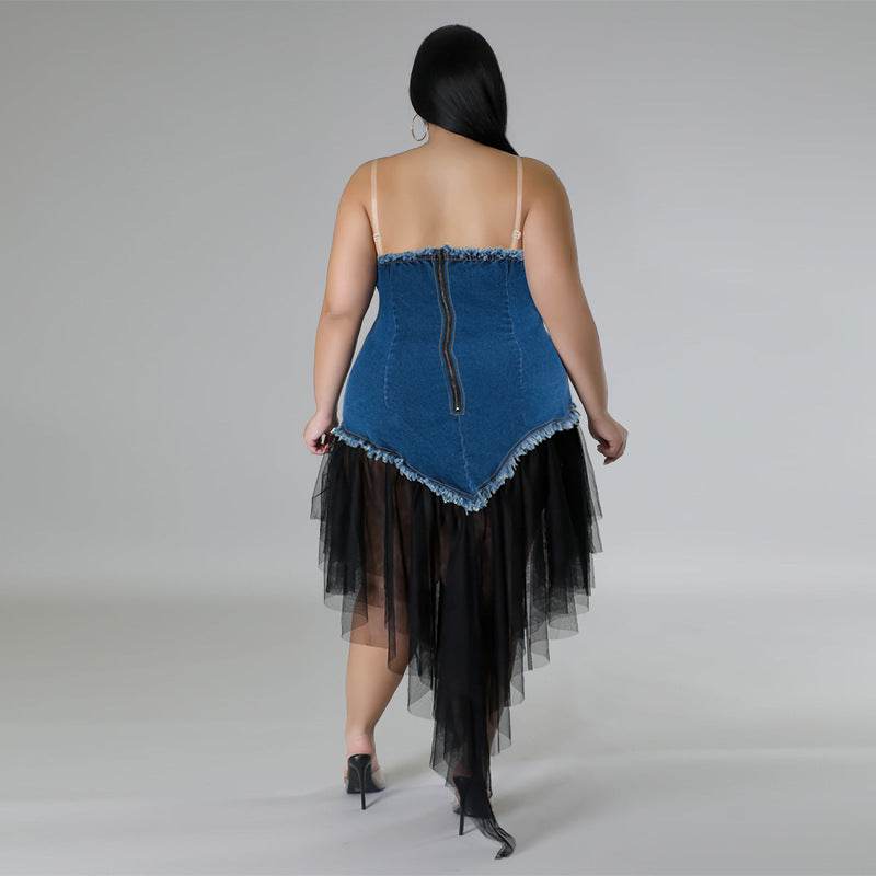 Women's Fashion Sleeveless Denim Stitching Mesh Jeans Tassel Dress - www.Shopthatapp.com
