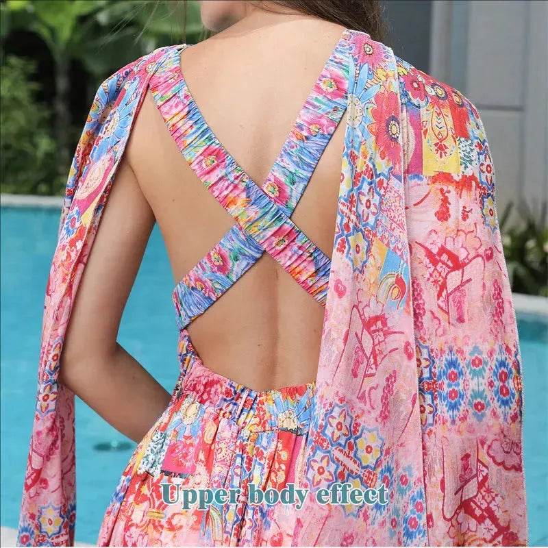 Casual Women's Floral Style Large Hem Cross Open Back Dress - www.Shopthatapp.com