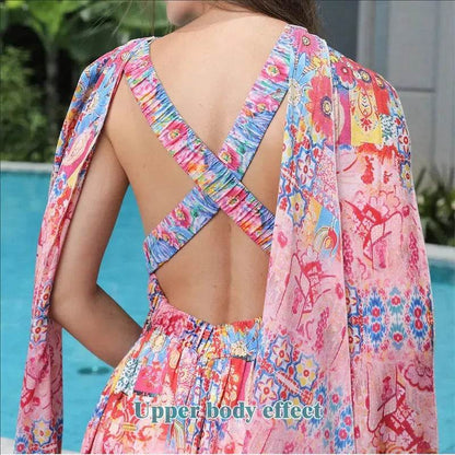 Casual Women's Floral Style Large Hem Cross Open Back Dress - www.Shopthatapp.com