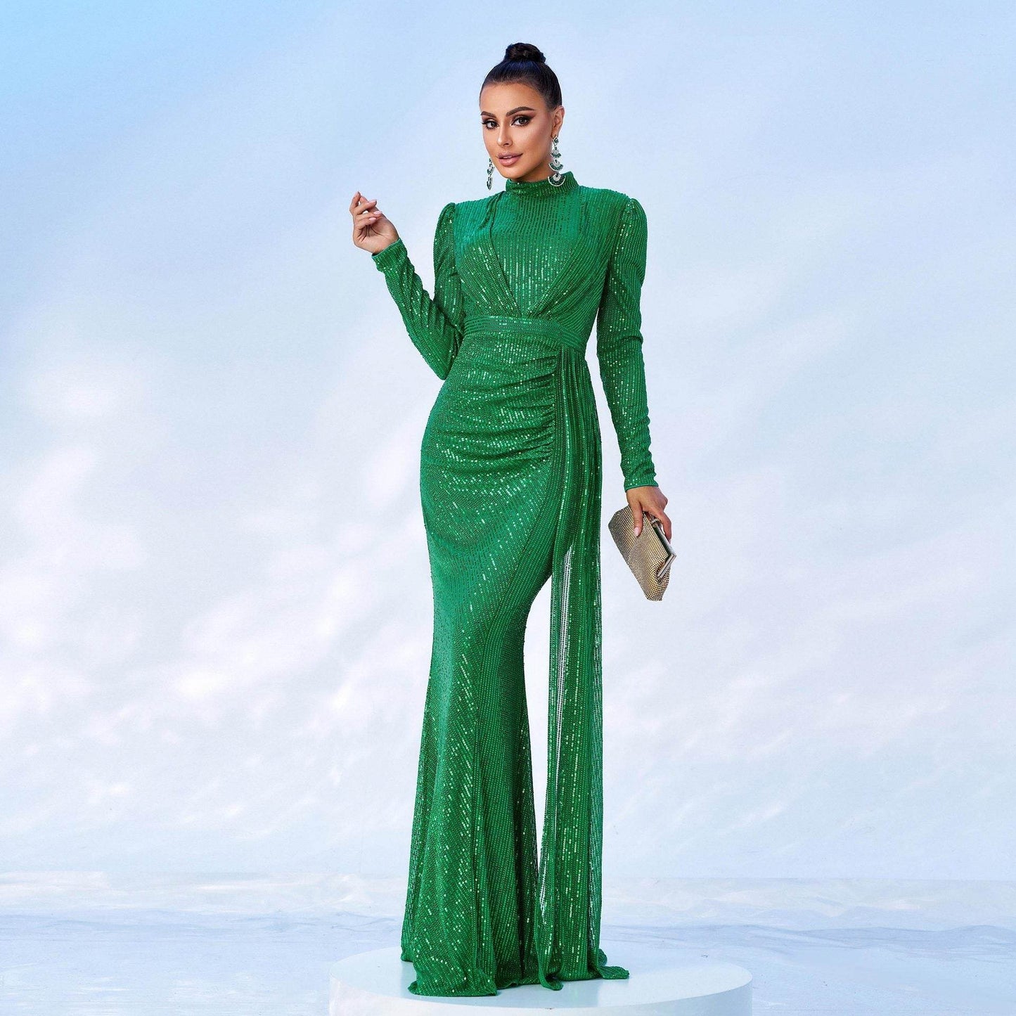 Long Sleeve Round Neck Slim Long Sequined Banquet Dress - www.Shopthatapp.com