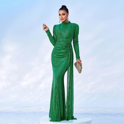 Long Sleeve Round Neck Slim Long Sequined Banquet Dress - www.Shopthatapp.com