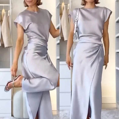 Women's Silk Satin Top Bow Tie Midi Dress - www.Shopthatapp.com