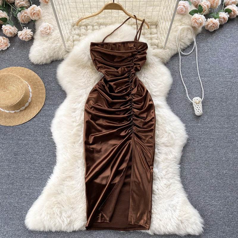 Elegant Women Sleeveless One shoulder Drawstring Satin Dress for Party, Wedding, Cocktail - www.Shopthatapp.com