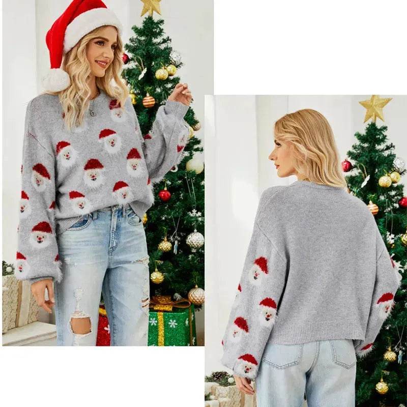 Christmas Sweater Women Cute Cartoon Santa Print Knit Sweater Winter Tops - www.Shopthatapp.com