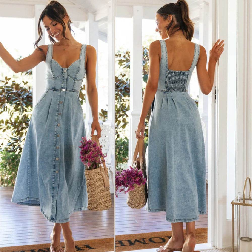 Women's sleeveless Denim Buckle Strap Midi maxi Dress - www.Shopthatapp.com