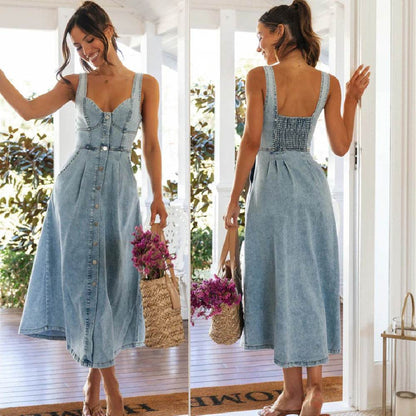 Women's sleeveless Denim Buckle Strap Midi maxi Dress - www.Shopthatapp.com